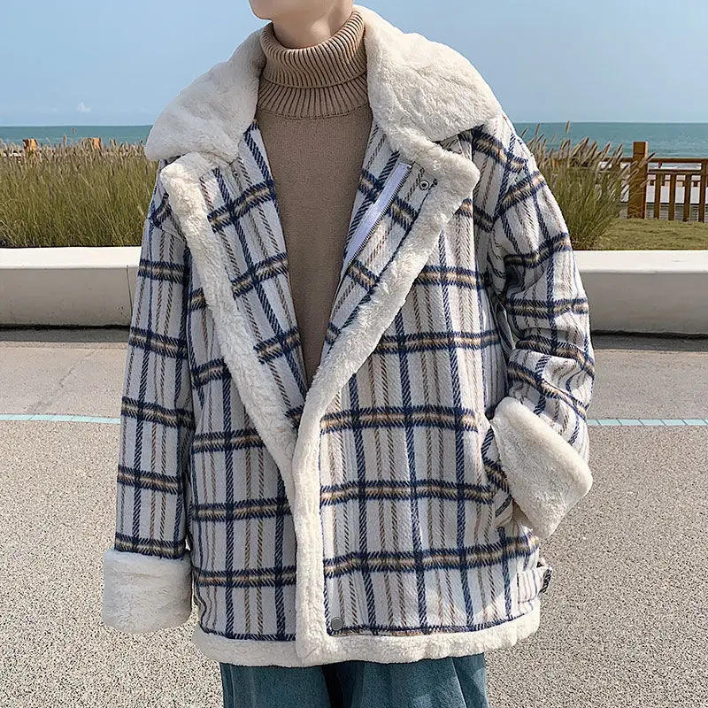 

Plaid lamb wool coat men's cotton winter trend of soft waxy retro thick loose lovers