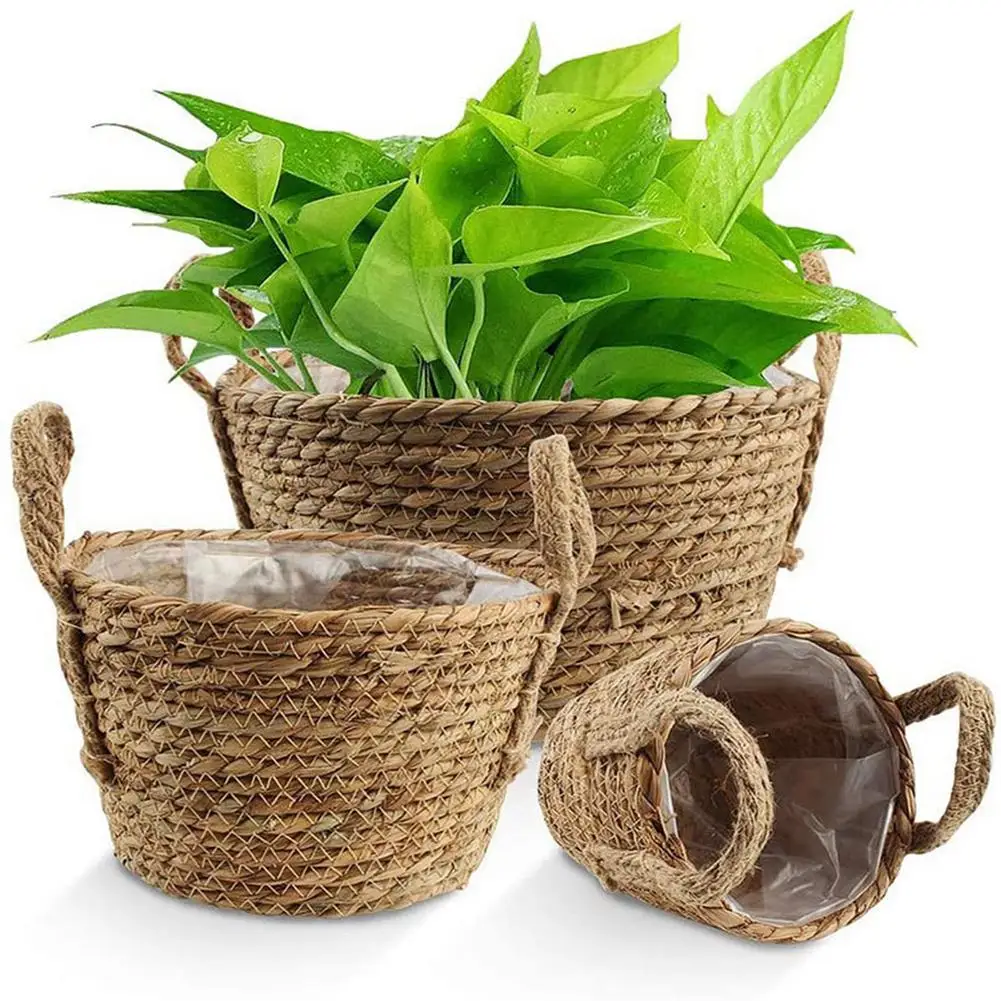 

Desktop Flower Basket With Handle Hand-Woven Green Plant Holder Retro Flower Pot Storage Bread Basket For Home Decor #W0