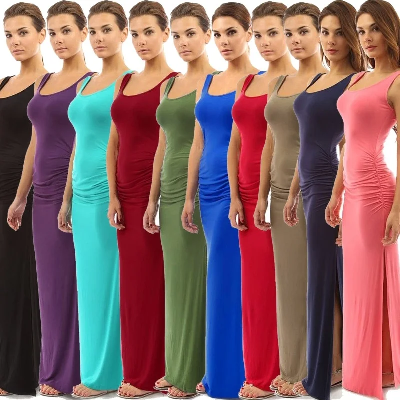 Женское платье макси летнее однотонное облегающее без рукавов длинное на
