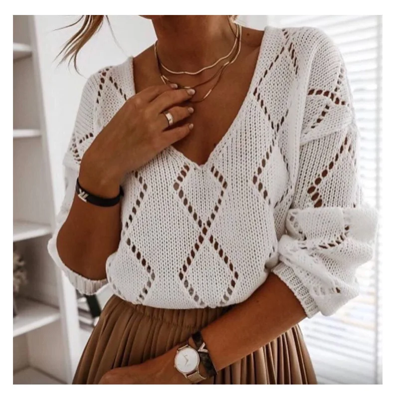 

2020 European and American autumn and winter new sweater V-neck casual diamond hollow knit sweater women