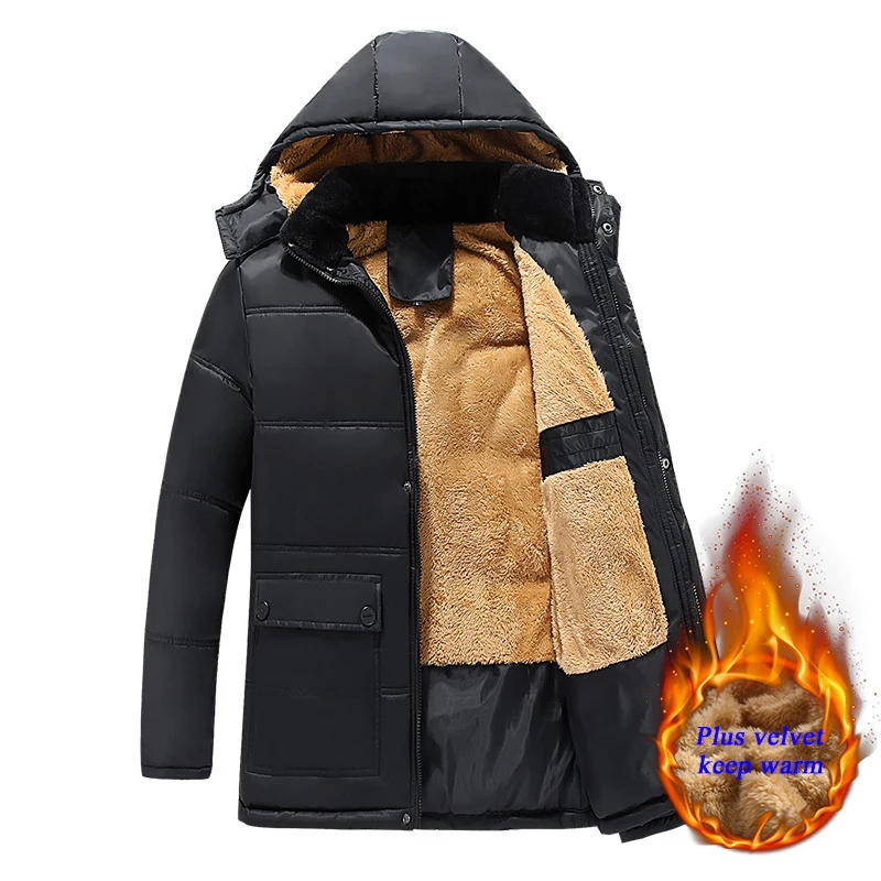 Men's Cotton Papa Winter Jacket Plus Velvet Thick Down Jacket Cotton Winter Black Middle-aged Long Jacket Warm Windbreaker Coats