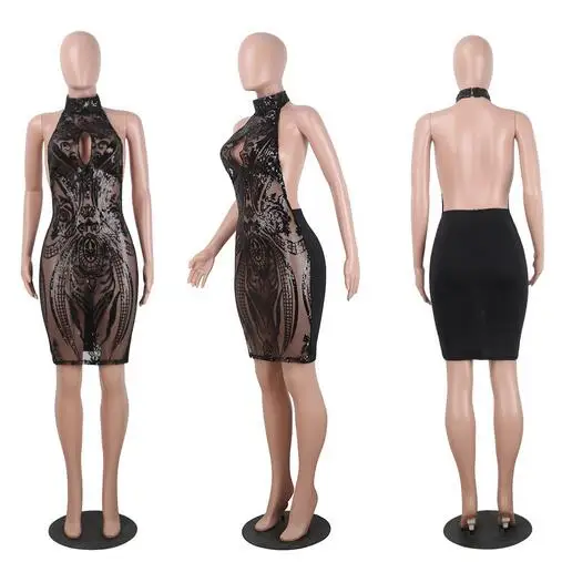 Черное платье обтягивающее с сеткой 2019 летнее сексуальное лямкой на шее открытой