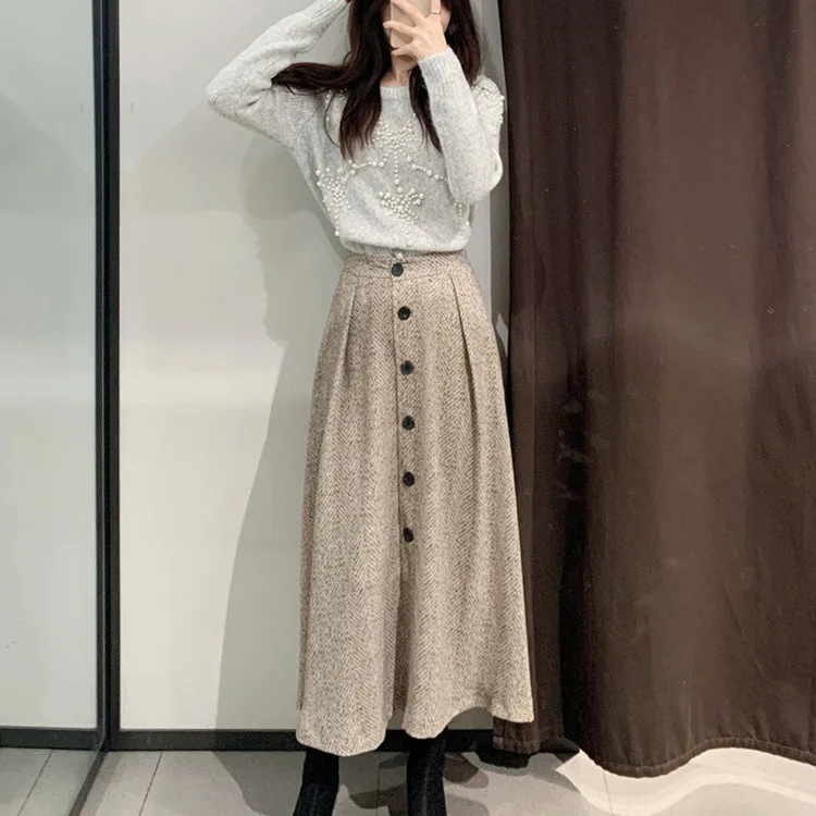 Зимние длинные вязаные женские юбки мягкая теплая плиссированная юбка макси на