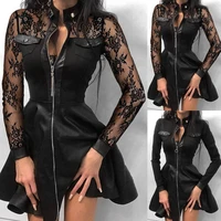 fashion dresses women lace long sleeve zipper pocket large hem faux leather mini dress party elegant slim sexy women dress
