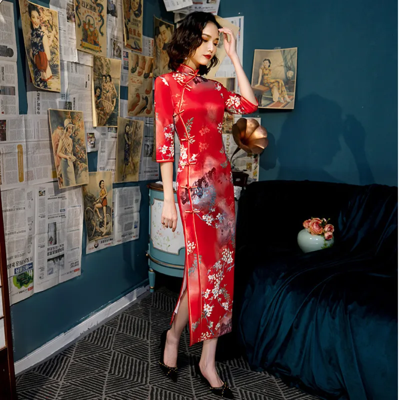 SHENG COCO осенние улучшенные шелковые Cheongsam китайские платья 4XL длинное вечернее Ципао женское тонкое шелковое китайский, Восточный стиль платье