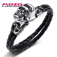 2020 men jewelry black genuine leather bracelet stainless steel punk demon skull charm exaggeration bangles