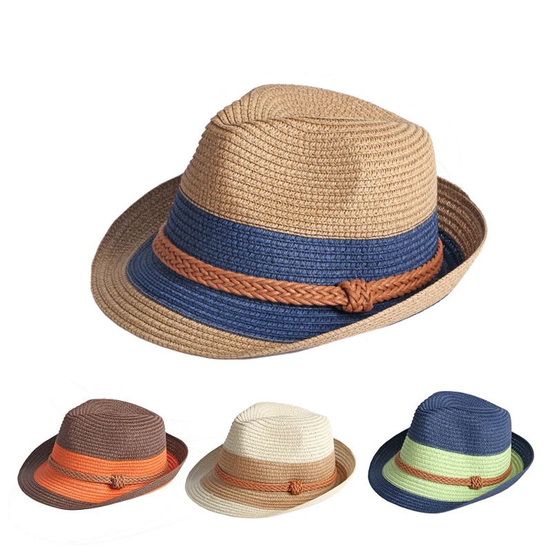 

Wholesale Panama Straw Jazz Hat Summer Beach Sun Hats Men Fedoras Patchwork Print Fashionable Women Sunshade Parent-Child Hat