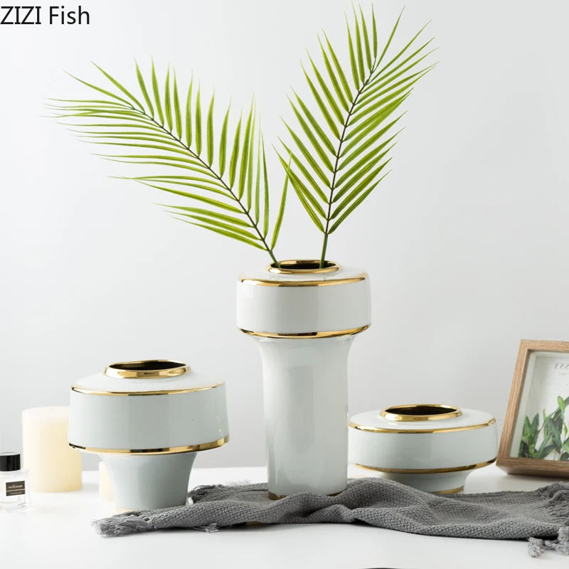 Chinese Ceramics Vase Green Glaze Golden Edge Vases Desk Decor Flower Insert Artificial Flowers Home Decoration Accessories | Дом и сад