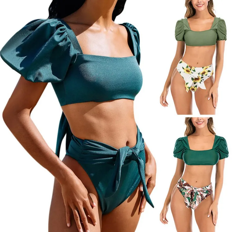 

Европейский и американский однотонный раздельный купальник с пузырьковыми рукавами, сексуальное быстросохнущее женское бикини
