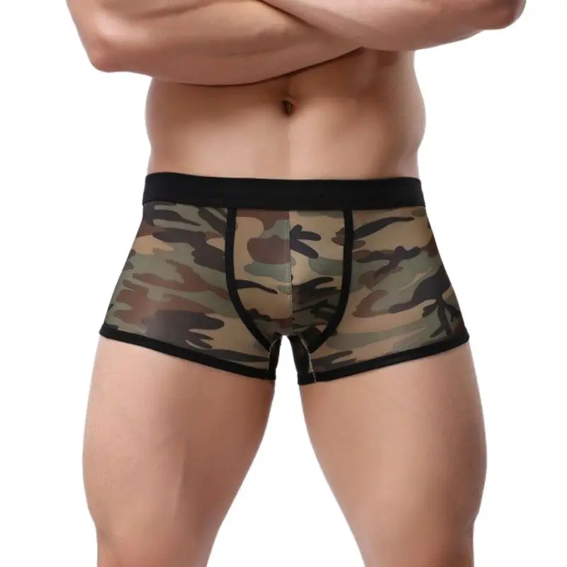 Пикантные Для мужчин камуфляж Ice Silk блестящие Transparen боксеры CamouflageU выпуклый чехол