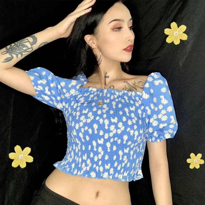 Винтажный Модный Топ для женщин с коротким рукавом фонариком синий черный