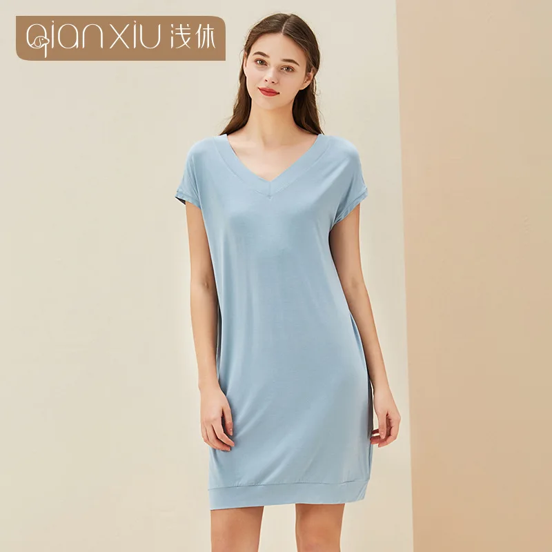

Bamboo fiber nightdress ladies summer simple solid color double-sided wearable home skirt summer ladies nightdress
