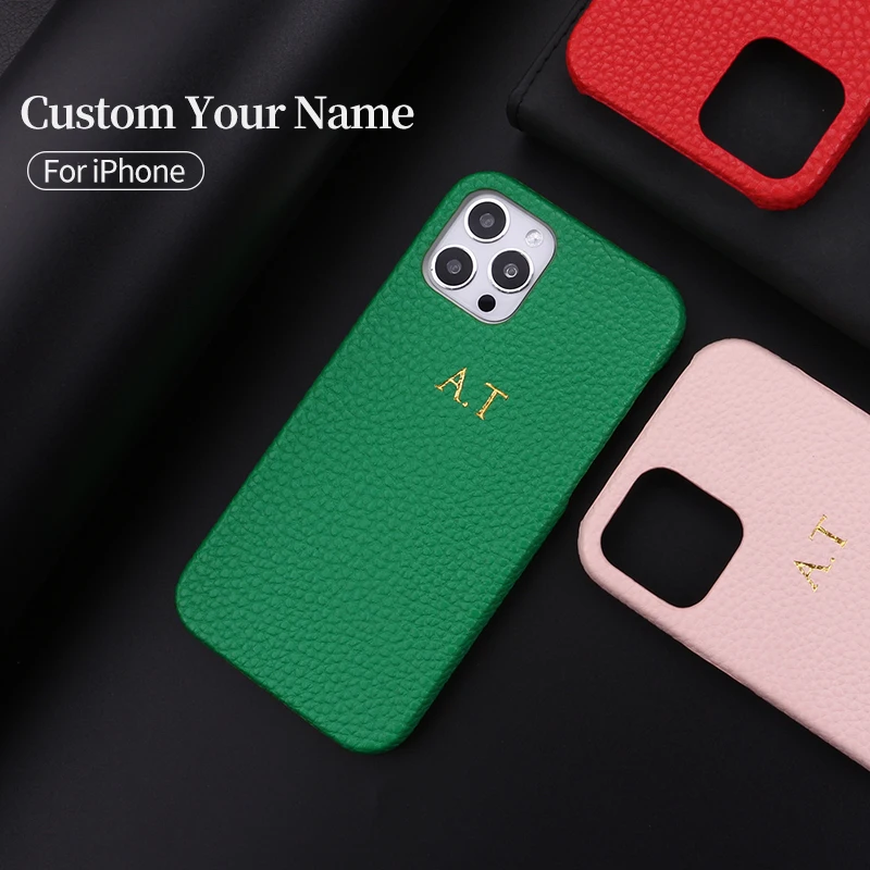 

Personalization Custom Initial Name Pebble Grain Leather Phone Cover For iPhone 12 11 13Pro X XR XS Max 7 8 Plus DIY Phone Case