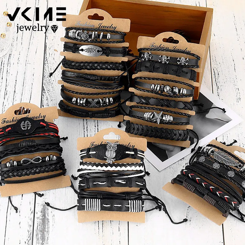 

VKME Fashion Men Multilyer Skull Leather Bracelet Unisex Multiple Wristbands Skeleton Bracelets Set Bangles 2020 Party Jewelry