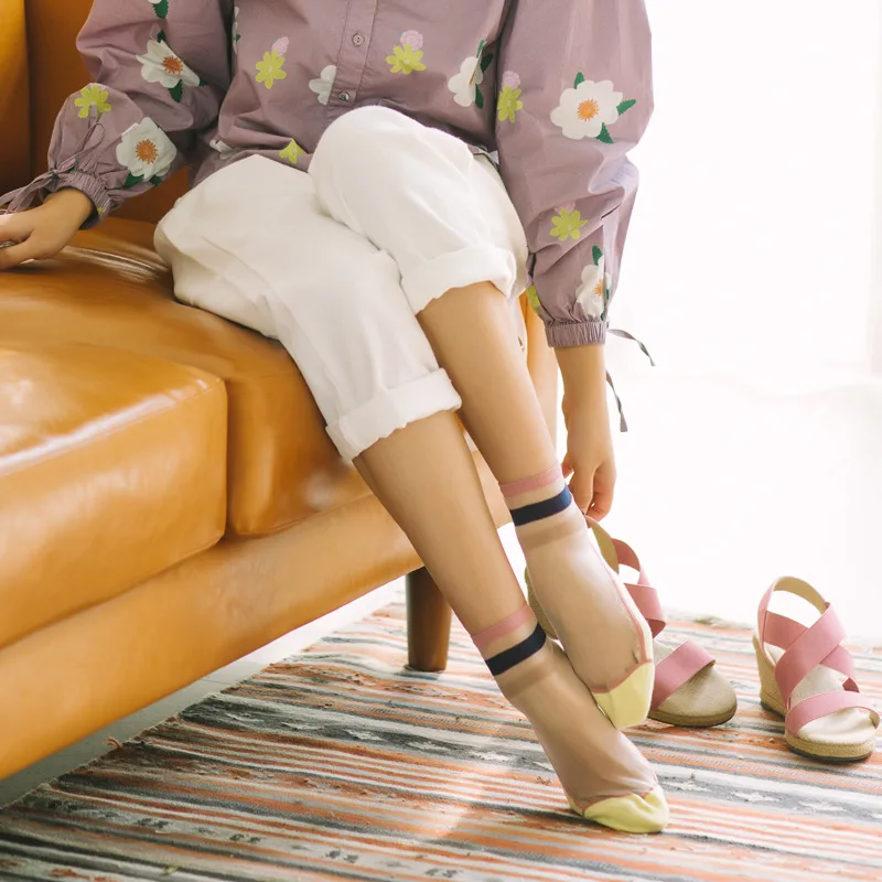 Элегантные женские прозрачные цветные носки в Корейском стиле удобные шелковые