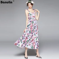 2021 fashion designer runway summer sleeveless tank dress women bow spaghetti strap backless flower print long dresses n66839