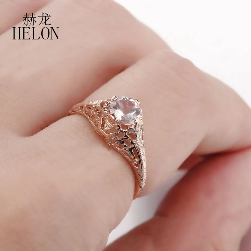 

HELON Real 10K Rose Gold Flawless Round 5.5mm Genuine Morganite Women Vintage Fine Jewelry Engagement Wedding Gemtones Ring Gift
