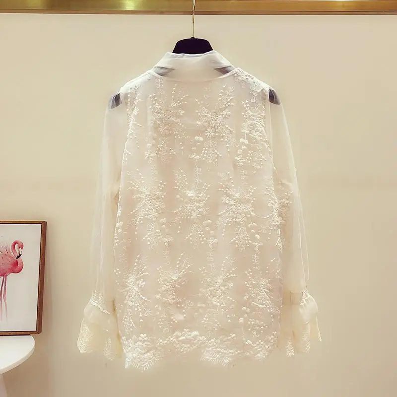 Lace Blouse Top White Shirt Women Long Sleeve Haut Femme Elegant Korean Fashion Clothing Puff Sleeve Ladies Casual