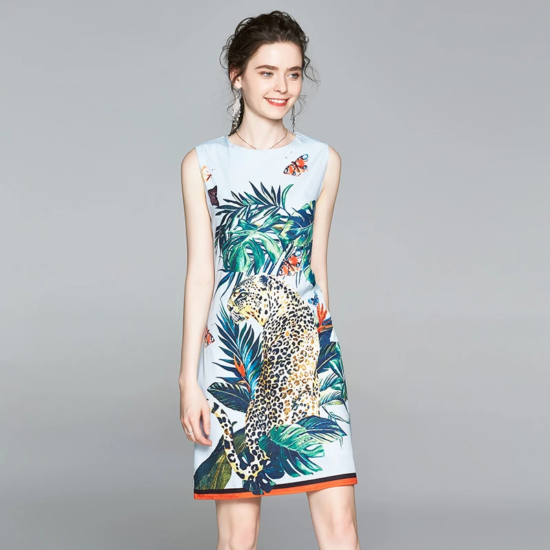 Женское короткое платье с леопардовым принтом Элегантное летнее без рукавов в