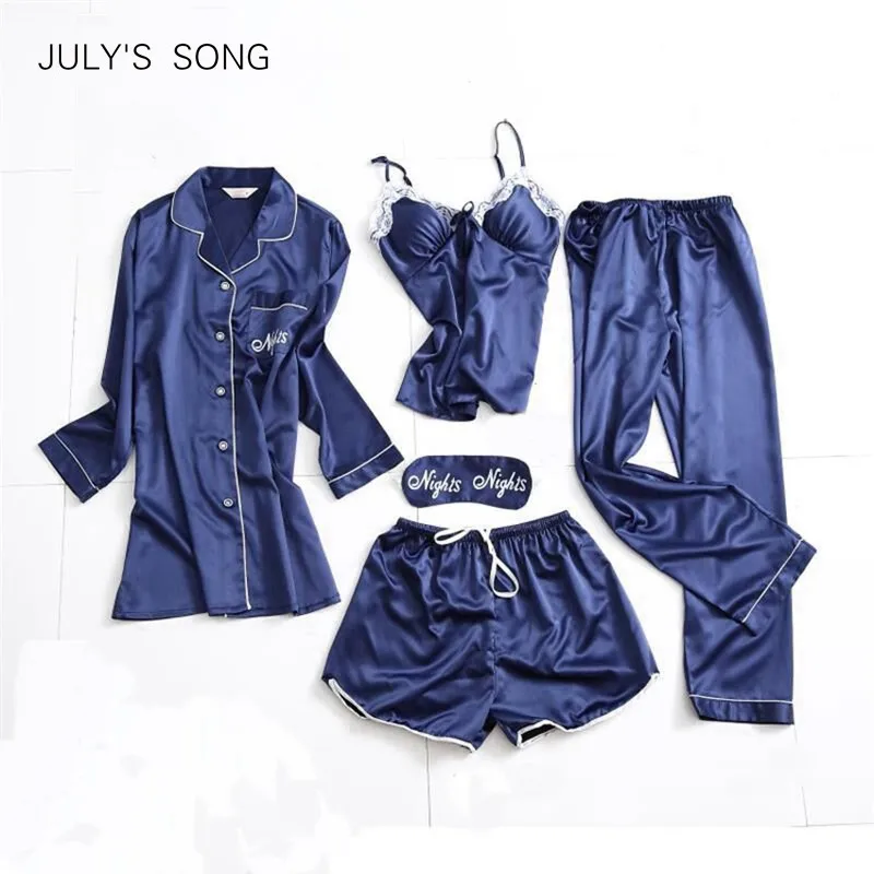 JULY'S SONG Модный женский пижамный комплект из 5 предметов, эмуляция шелковых пижам, женские пижамные комплекты, Сексуальная кружевная весенне-осенняя домашняя одежда