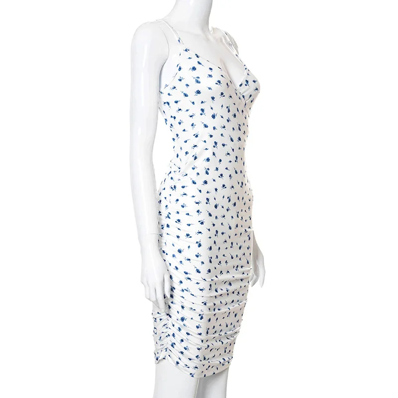

Missnight 2021 Women Sweet Lace Floral Print Spaghetti Strap Woman Dress Summer Ruched Zipper Slim Casual Fashion