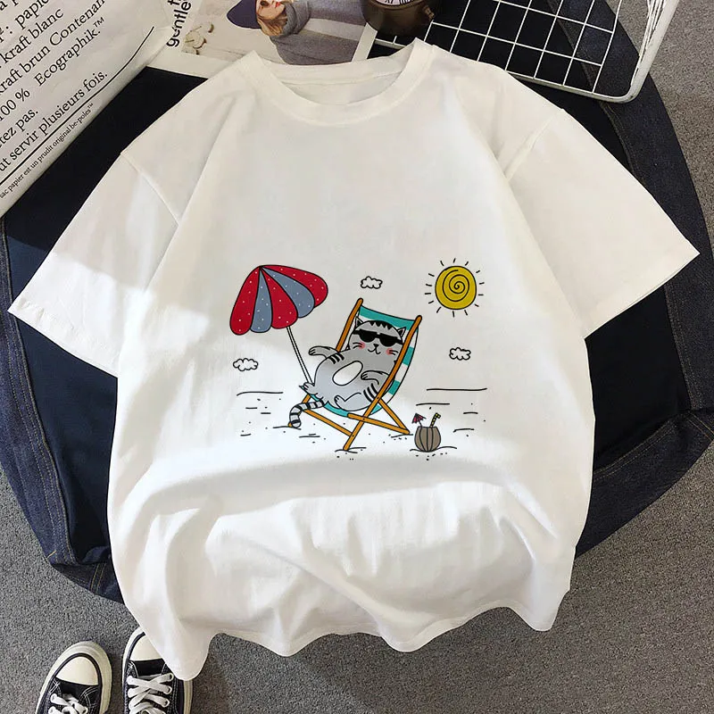 Kawaii, футболка с толстым котом, женская, новинка, летняя, милая, модная, короткий рукав, футболка, белая, тонкая, с секциями, хипстер, футболка, Топы, одежда - Цвет: 20853