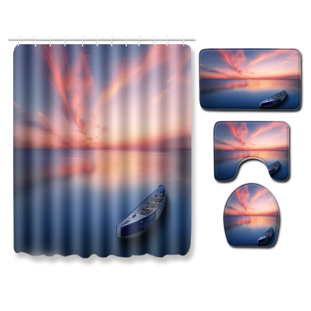 

Home Decor Bathroom Carpet Rug Absorbent U-Shaped Toilet Rug Foot Mat Set Landscape Printing Shower Curtain and Bath Mat Set