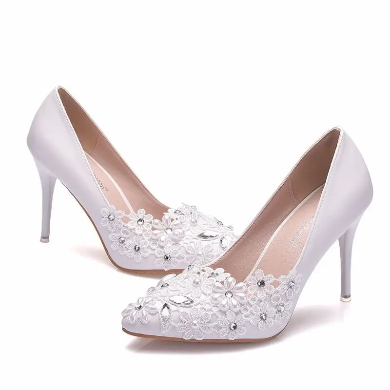 

Fashion women thin high heels sexy party shoes women pumps wedding banquet Lace PU Rhinestones Slip On 9.5CM Pointed Toe white