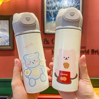 cute bear thermos straw cup portable stainless steel water bottle child straw thermos cup student sports thermos water bottle