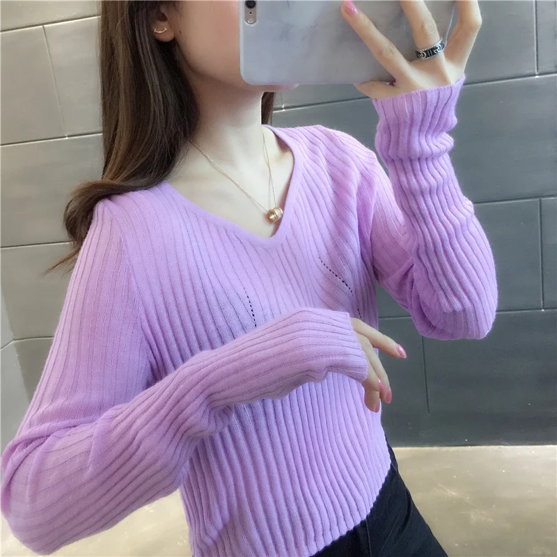 

19743 solid color V-neck vertical stripe Pullover T-shirt 48