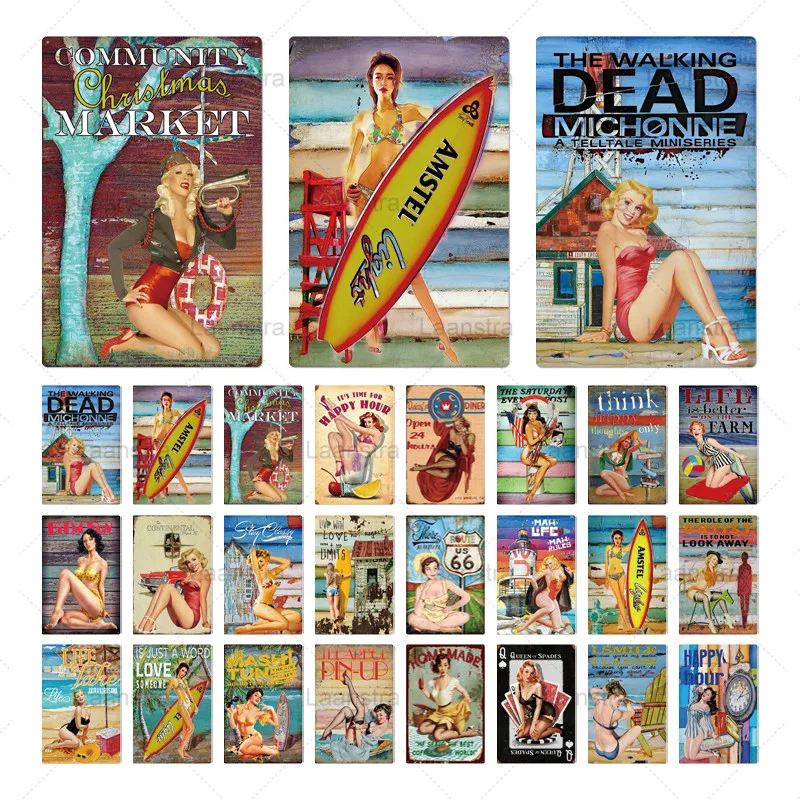 Металлическая жестяная вывеска железа бренда с изображением девушке в стиле пин