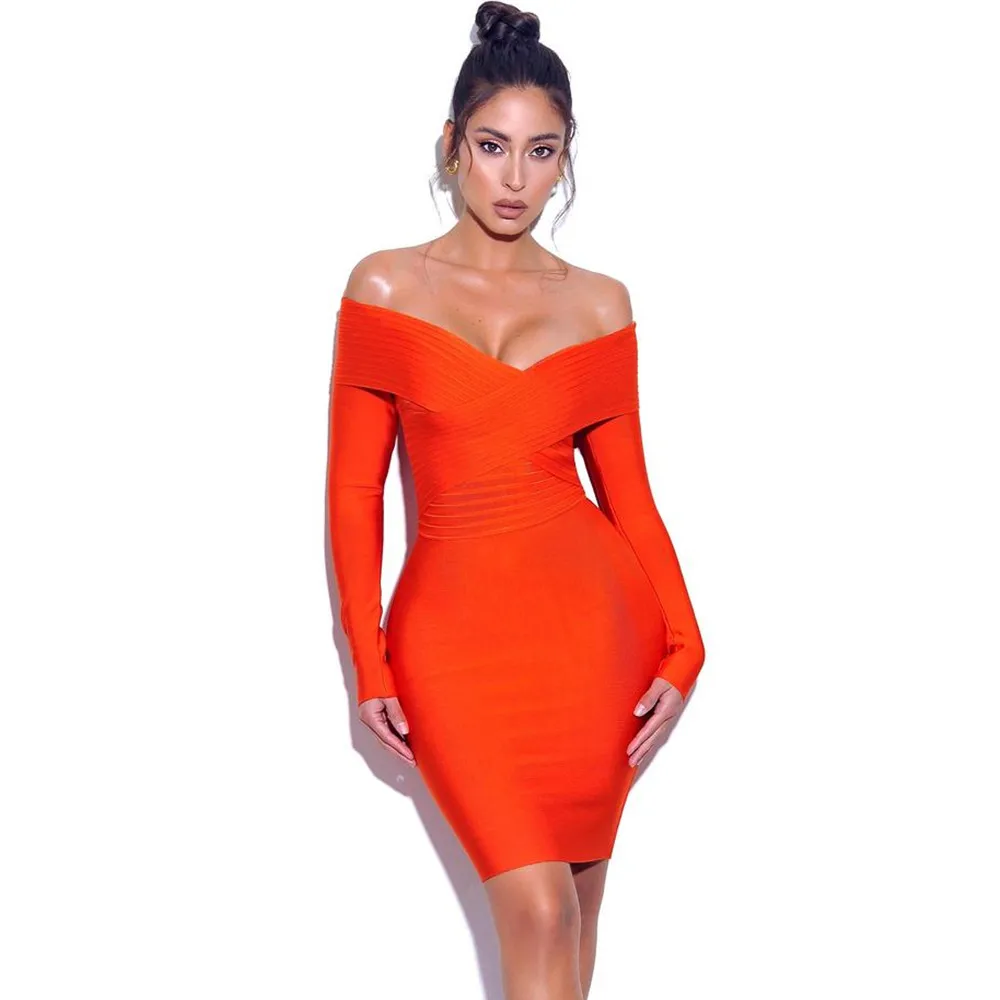 

KLEEZY 2021 Spring New Women's Tight Mini Dress Orange Casual Sexy Off Shoulder Bandage Bodycon Midi Girl Party Wearing 8413