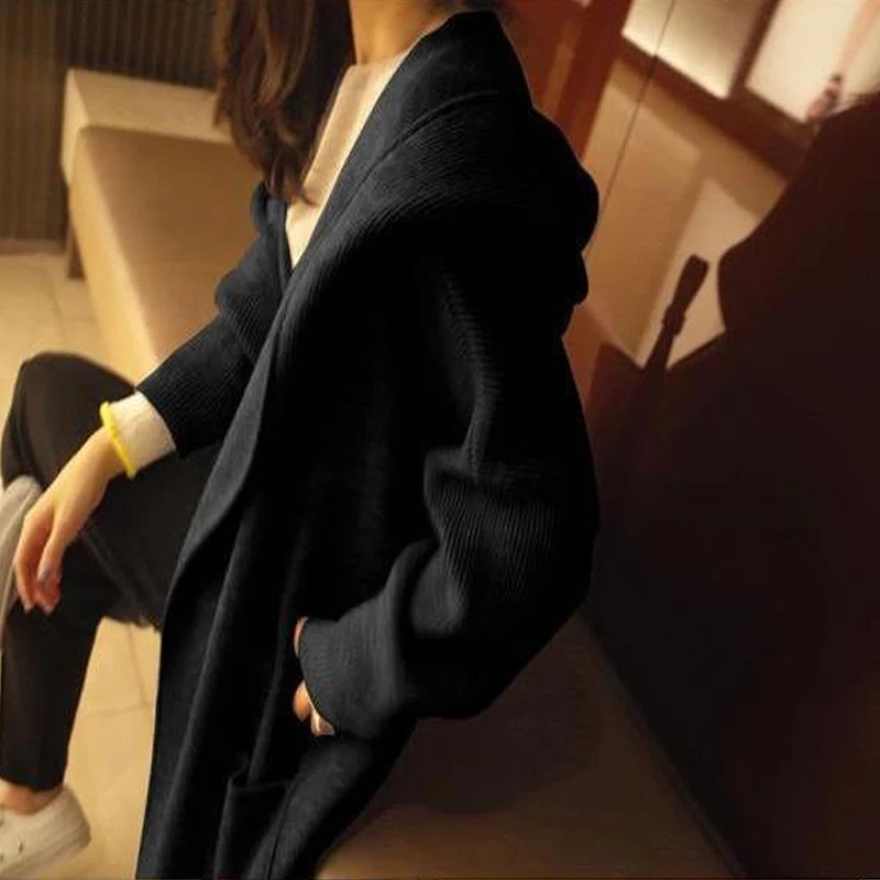 

2020 New Autumn Casual Outwear Women Cardigans Vintage Solid Elegant Pockets Long Knitted Tops Oversize Hooded Thin Sweaters