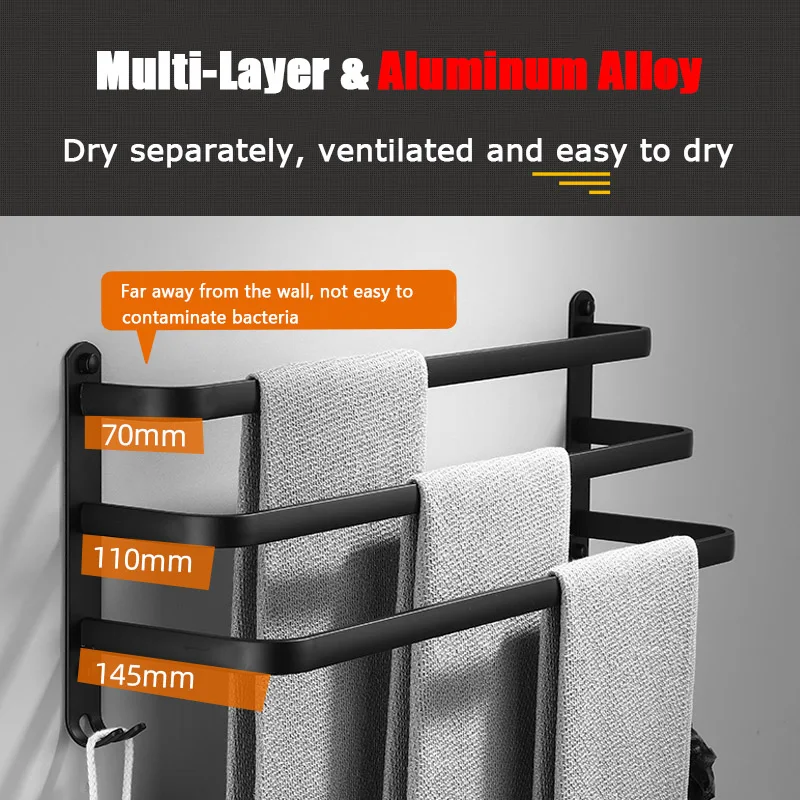 Aluminum Towel Rack Bathroom 30-50CM Matte Black Collect Holder Wall Mounted Shelf Multilayer Layer Wiht Hook Toilet Room Rod