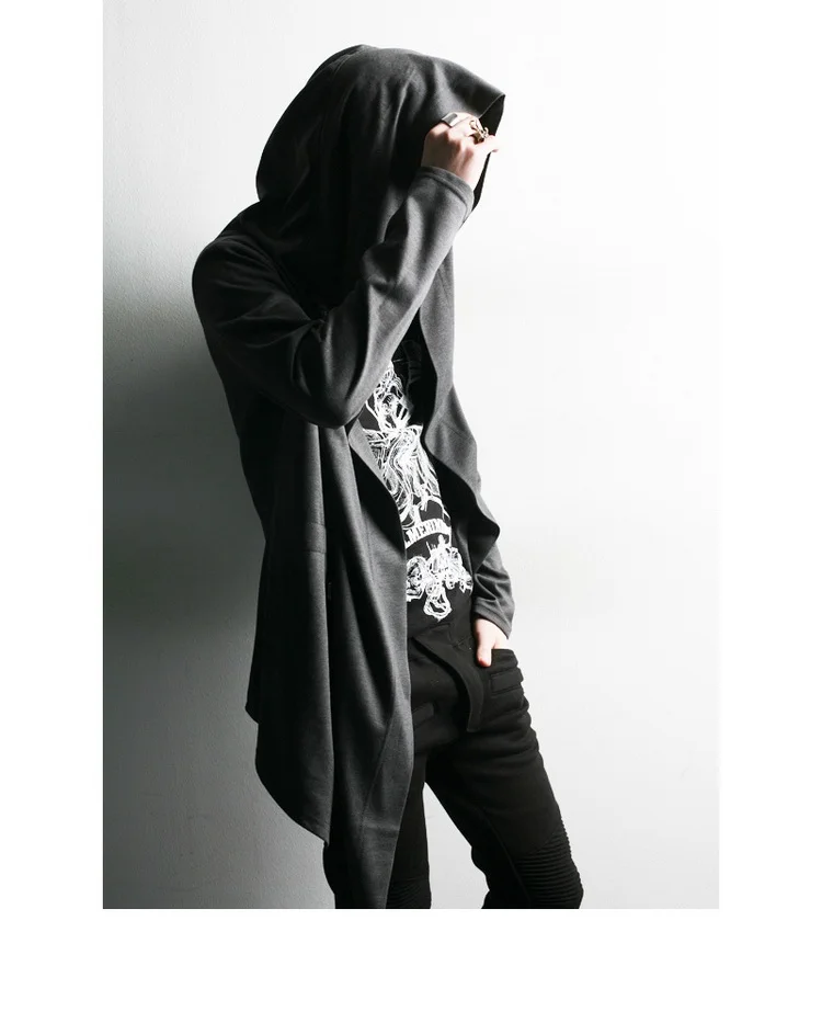 

Men's long sleeve hooded cardigan medium length leisure Cape new leisure youth shawl coat men's