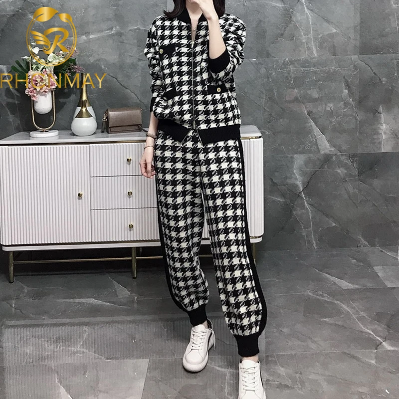 

Women Fall Knit Sweatshirts Suit Knitted Tracksuit Houndstooth Black 2 Piece Set Zipper Plaid Cardigan Coats Pants Two Piece Set