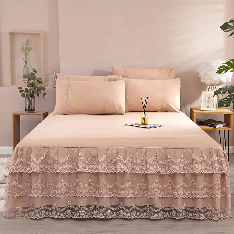 

3pcs/Set Pink Beige Romantic Princess Bed Skirt Three Layer Lace Bedclothes Mattress Cover Double Single Home Textile 1.5/1.8/2M