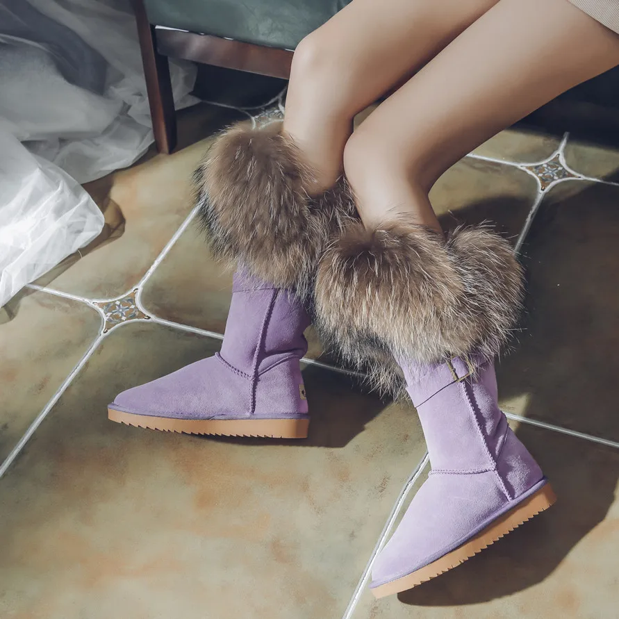 violet suede fur G и zacoбыл натуральный зимние ботинки с лисьим мехом Для женщин натуральная кожа коровы замшевые кожаные ботинки Зимние черные сапоги до середины икры, женские сапоги выше колена из меха енота; теплые сапоги на плоской подошве - Цвет: violet suede fur