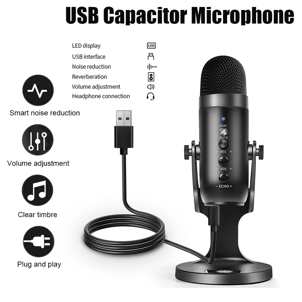 

USB Condenser Microphone Set Noise Reduction Clear Sound Microphone for Gaming Live Broadcasting Music Recording