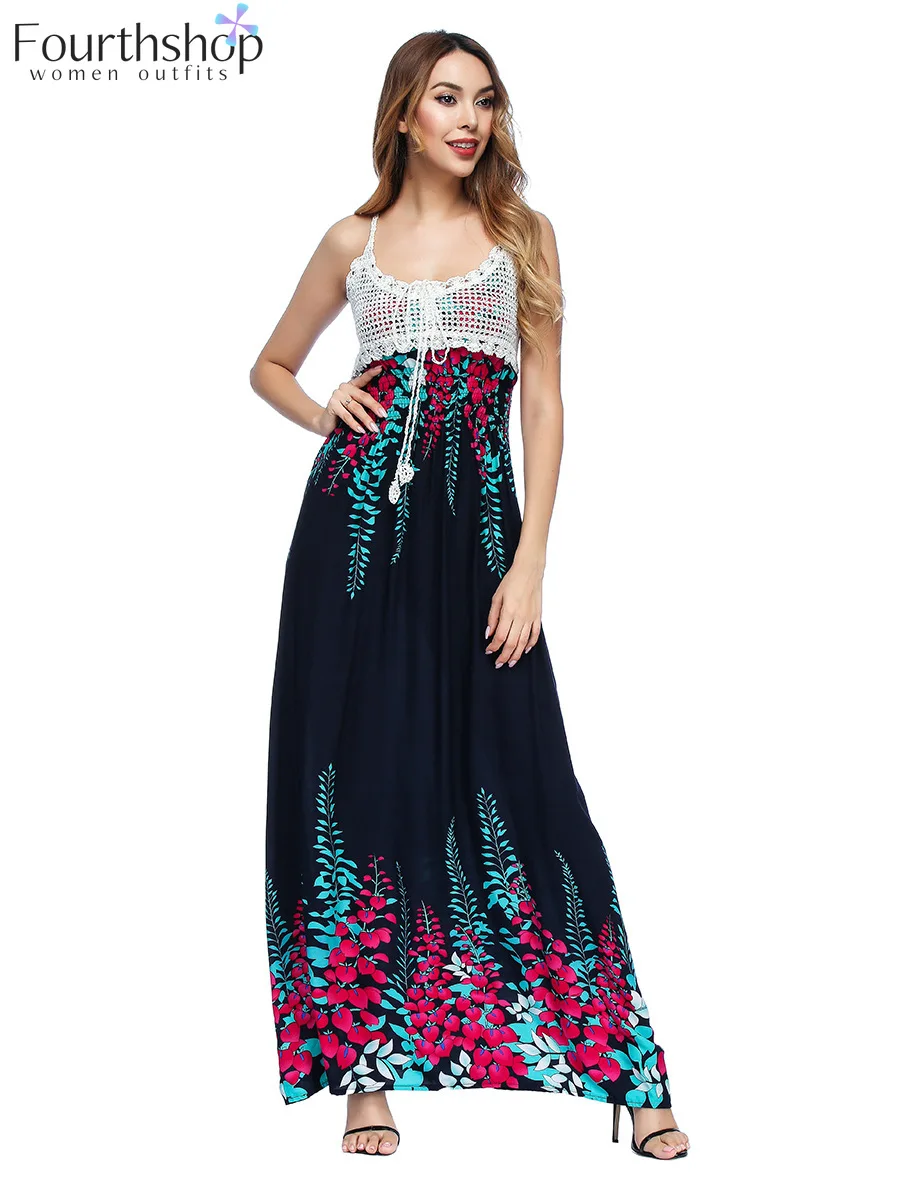 Летнее пляжное платье с длинным цветочным принтом кружевное Открытое без