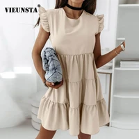 elegant butterfly short sleeve summer beach dress women 2021 summer round neck pleated party dress spring solid loose mini dress
