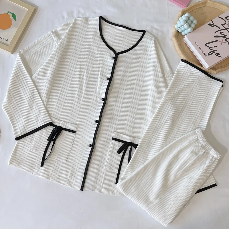 

Pure White Female Spring And Autumn Sleepwear Fairy Cotton Pajamas Two-piece Long-sleeved Cardigan Suit Home Clothes Nightwear