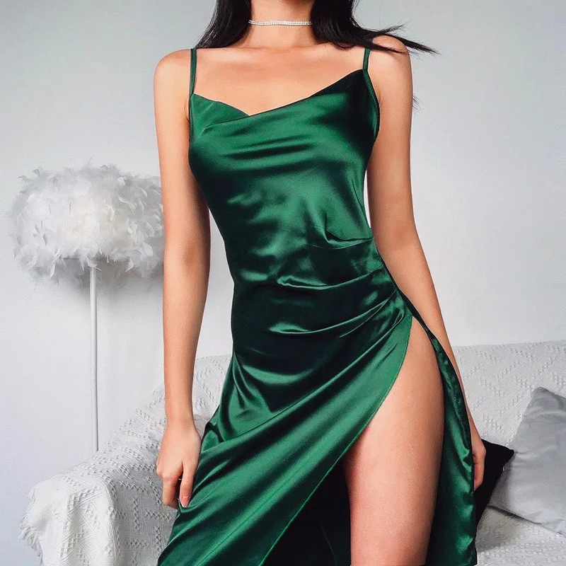 

Women Summer Dress Women 2020 New Arrivals Sexy Stain Spaghetti Strap Split Green Solid Party Dresses Vestidos