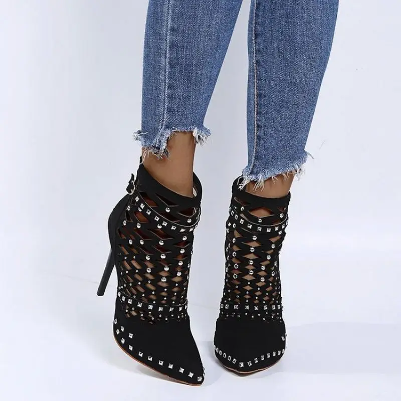 

2021 Summer New Products Women's Fashion Suede Sequin Decorative Hollow Back Zipper Super High Heels Fashion Shoes Elegant AE008