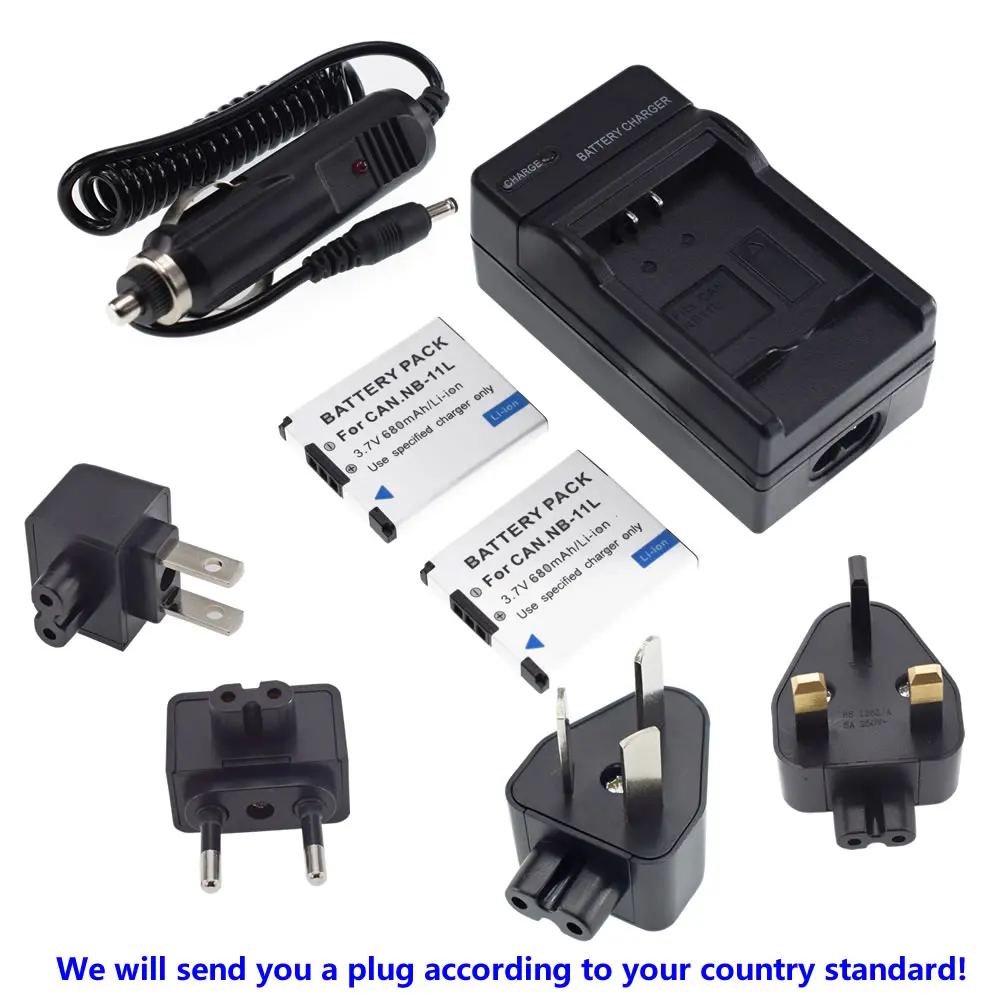 2 аккумулятора + AC/DC Автомобильное/домашнее многозарядное устройство для Canon Powershot