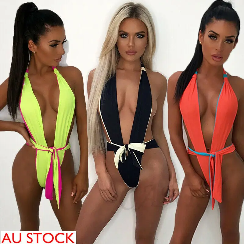 Сексуальный женский купальник с V-образным вырезом слитный бретелькой через шею