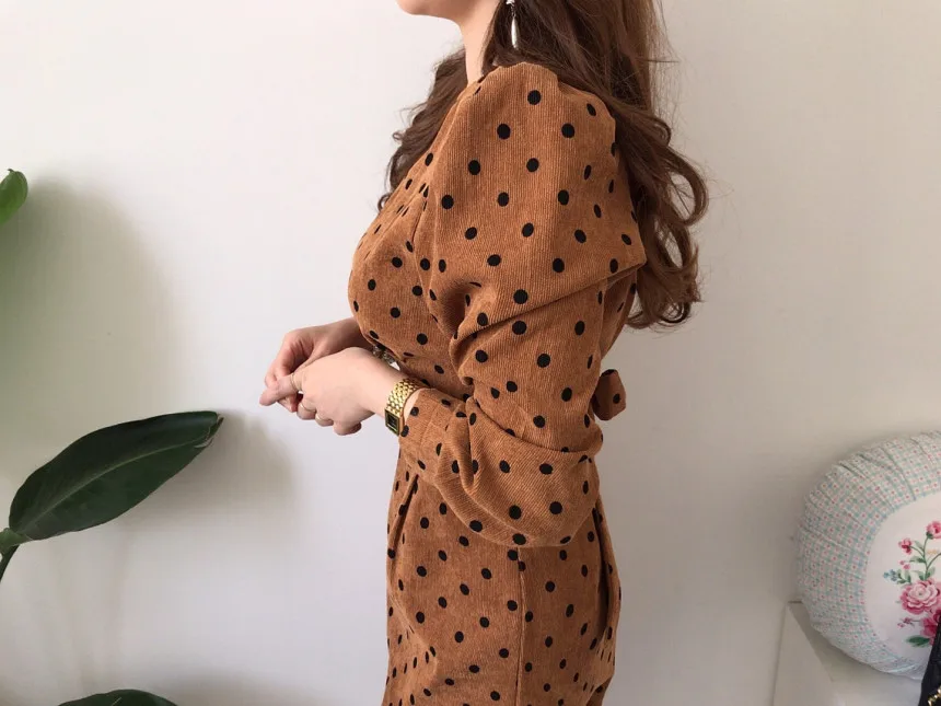 

Korea Vintage Corduroy Dress 2020 Spring Women Elegant V-Neck Puff Sleeve Polka Dot Print Bodycon Lace-up Sashes Dress