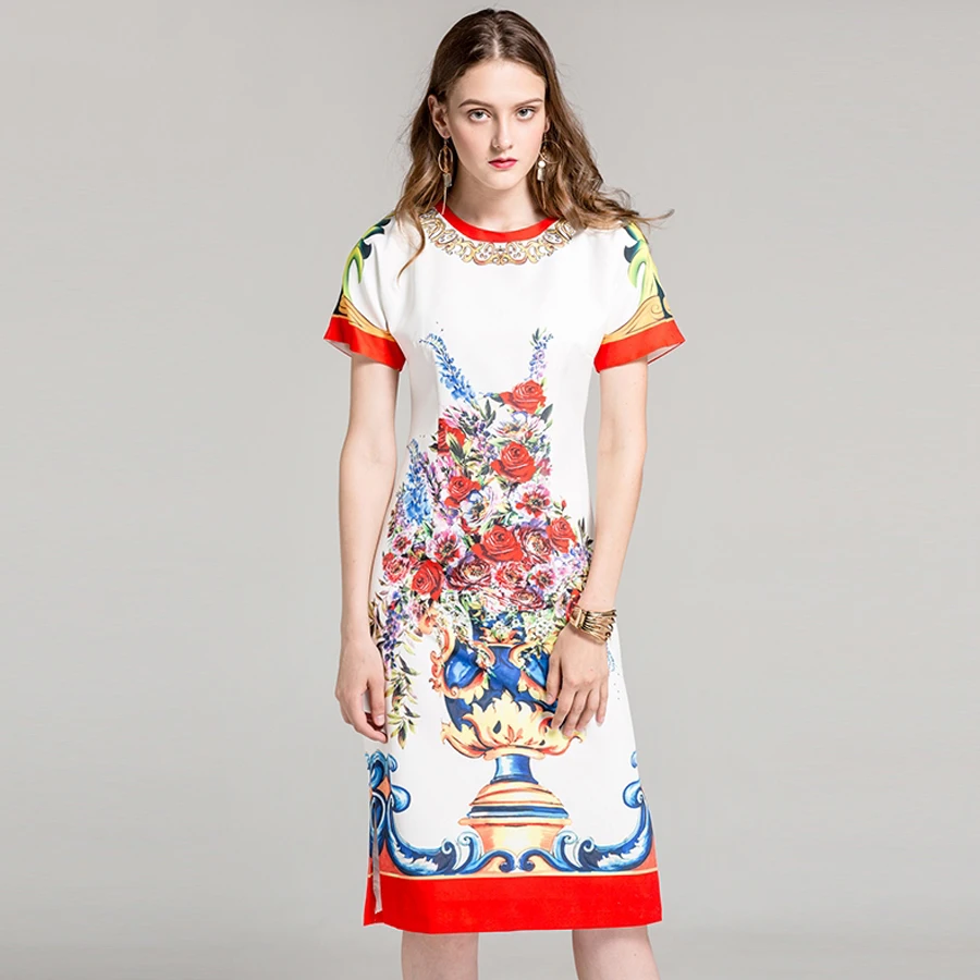 

Designer Dresses White Autumn Fashion High Quality Hot Sale Vase Print Floral Retro Women Straight Split Loose Dress