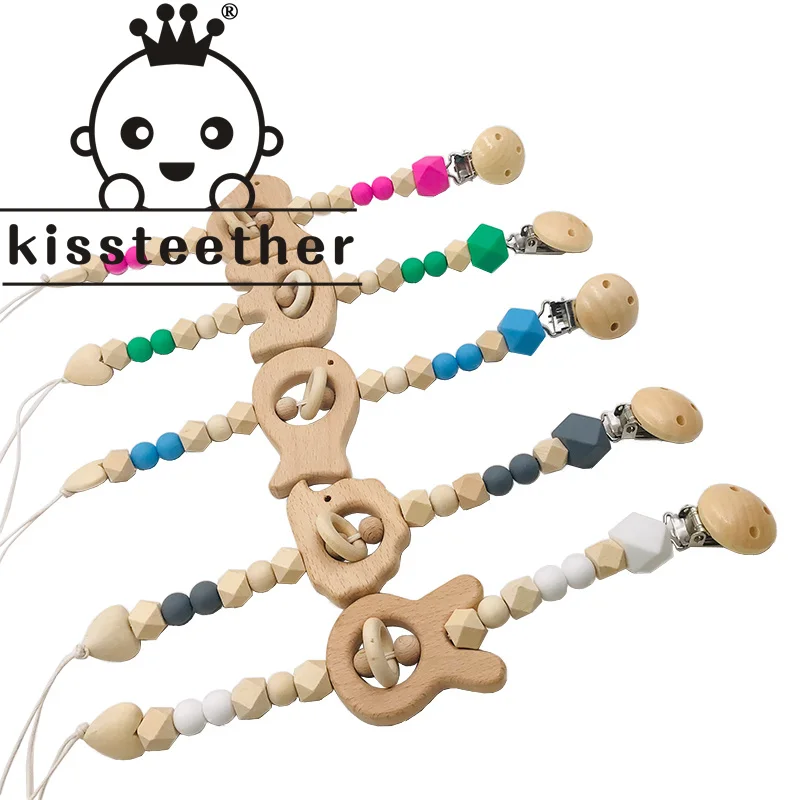 

Kissteether 1pcs Food Grade Wooden Animal modeling Pacifier Chain Children Training Toys Baby Wooden Teethers DIY Crafts