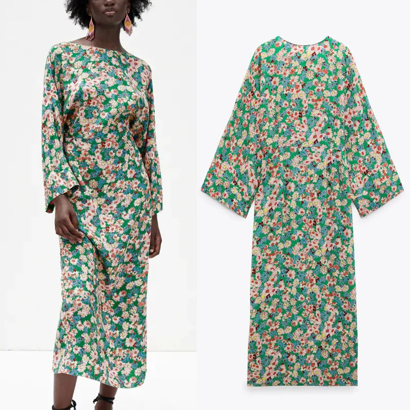 

Za 2021, Женская обувь в винтажном стиле; С широким горлышком, с длинным рукавом платье миди с цветочным принтом, сексуальным вырезом на спине и ...